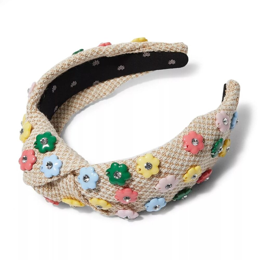 Lele Sadoughi Daphne Floral Charm Knotted Headband in Rainbow & Tan Raffia - Picture 2 of 7